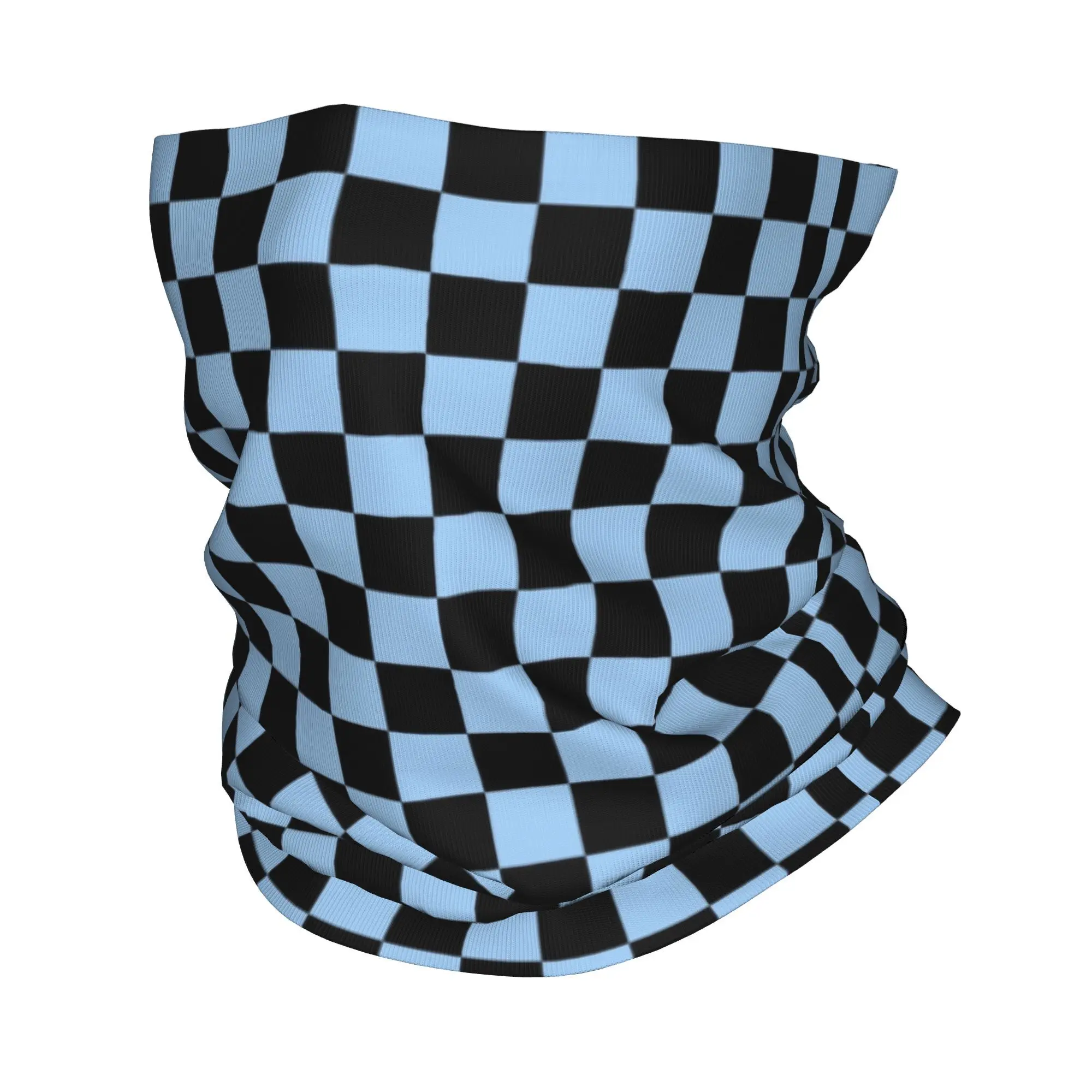 Custom Black and Baby Blue Checkerboard Bandana Neck Warmer Men Women Winter Ski Tube Scarf Gaiter Plaid Geometric Face Cover