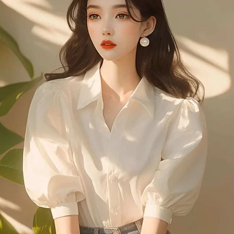 

White Women's Blouses Korean Shirts FASHION Slim Fit Spring/Summer Office Lady Clothing Solid Short Sleeve Women Tops