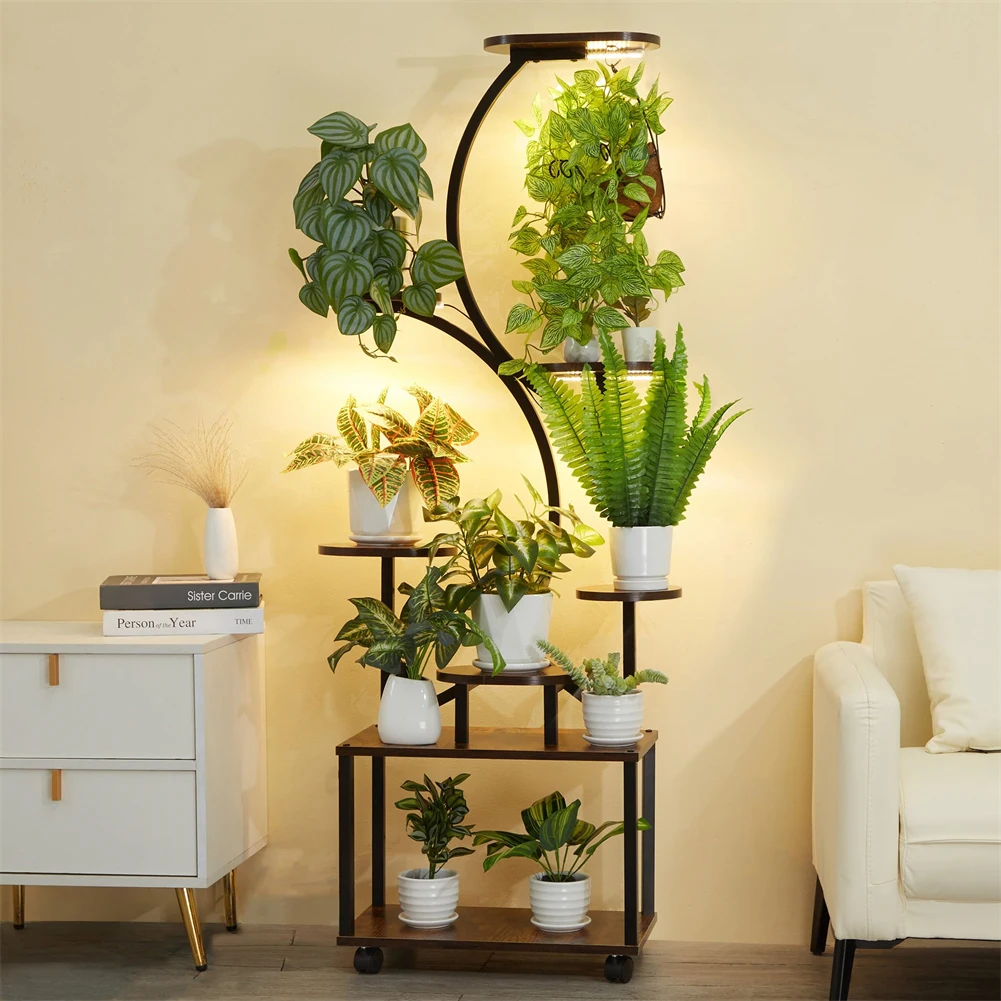 US 8 Tiered Tall Plant Stand Indoor With Grow Lights Multi-tier Planter Pot Holder Flower Stand S-Shaped Plant Rack For Balcony