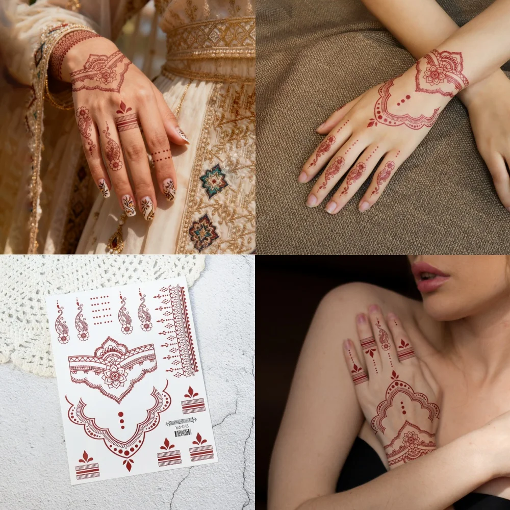 6 أوراق تاتو حناء مؤقت مقاوم للماء للنساء والفتيات مثير لليد والقدم فن الجسم الهند زهرة حمراء تصميم ملصقات الجسم