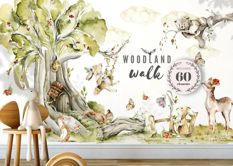 Woodland Nursery Wall Decal - Forest Animals Wall Sticker - Neutral Nursery - Kids Room Decor for Boys and Girls Playroom