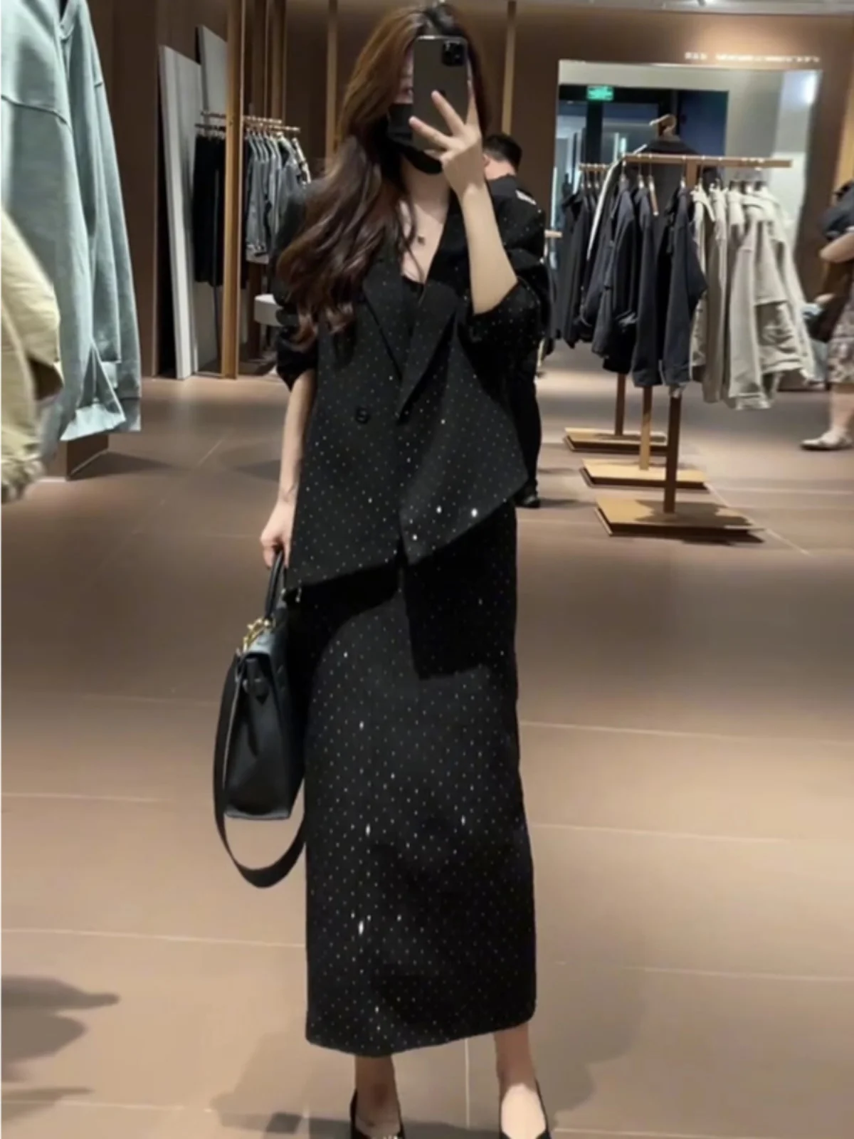 Spring Fashion Diamond Embedded Women\'s Suit Set High Waist Skirt And Jacket Two-Piece Set Luxury Style Long Sleeve Button up