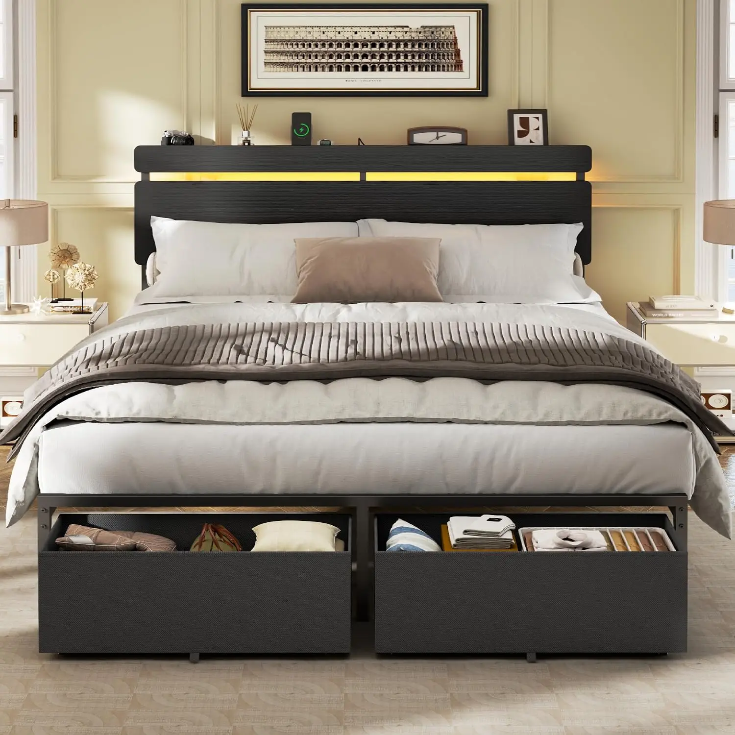 Queen Bed Frame with Wood Headboard,2 Storage Drawers & Shelf, Customized