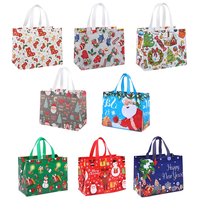 4/8pcs Merry Christmas Tote Bags Candy Gift Packaging bag Santa Claus Non-woven Fabric Handbag 2024 xmas New Year Party supplies