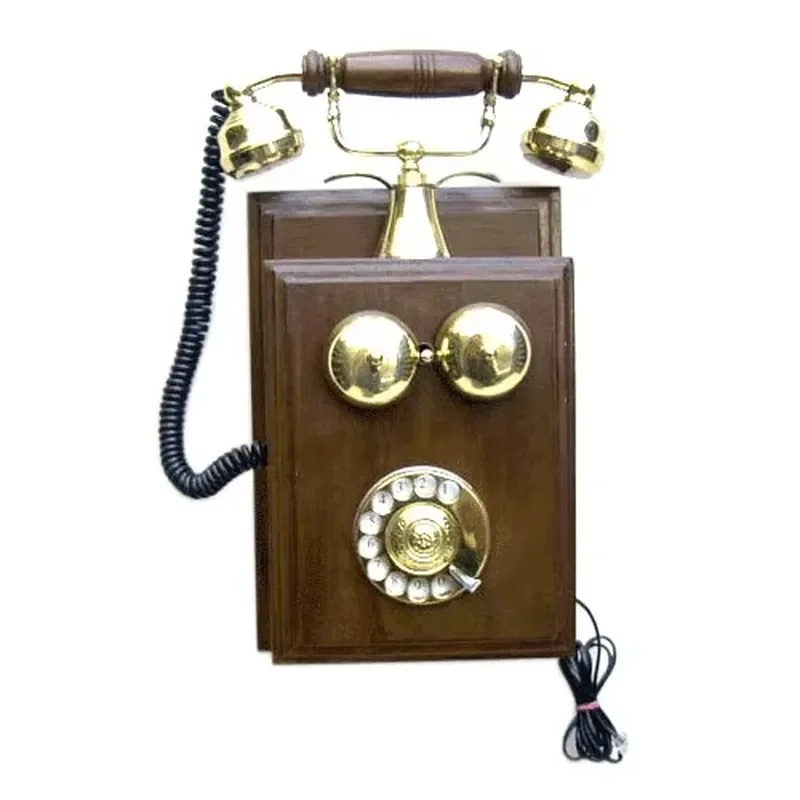 1980 Handmade Brass Telephone with Wooden Frame, Old Fashion Wall Mount Phone for Home Entry Way Decoration and Vintage