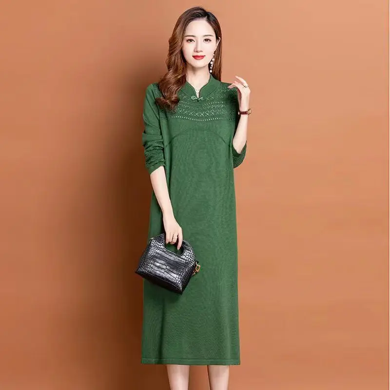 Robe Cheongsam à col montant pour femmes, robes pull longues, motif imprimé, mince, surdimensionné, femme, nouvelle mode, automne, hiver, 107, 2023