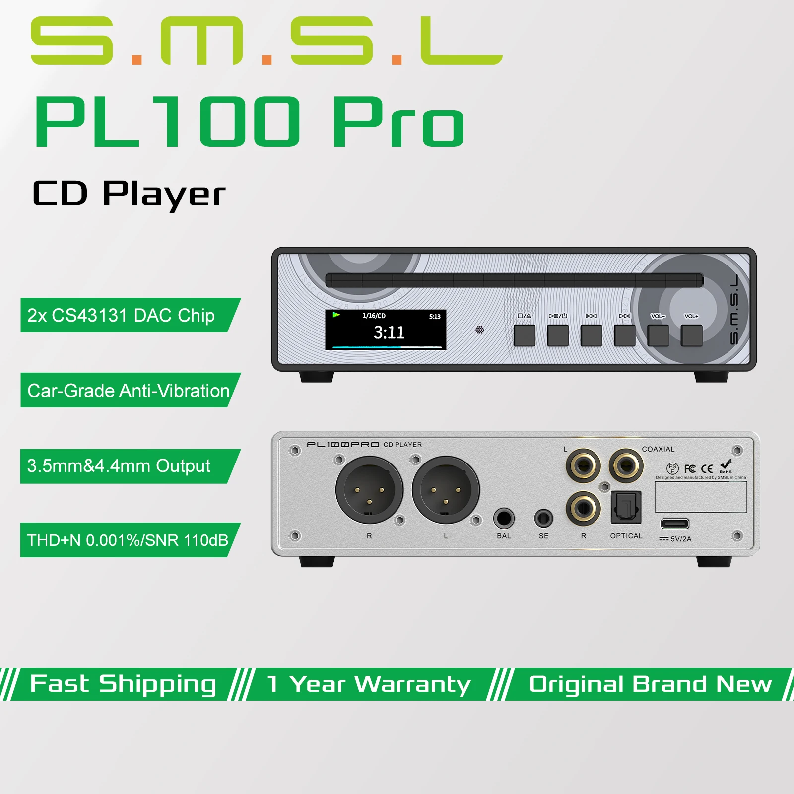 SMSL PL100 Pro Hi-Res Audio CD-Player with CS43131 DAC-Chip, Optischer and Koaxialer Anschluss, 3,5mm 4,4mm 200mW headphonesausgang with Fernbedienung