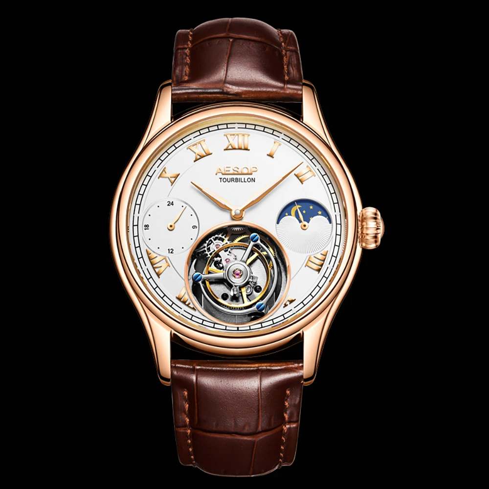 AESOP Off-Axis Tourbillon Skeleton Mechanical Watch For Men Luxury Brand Famous Moonphase Multi Function Waterproof Watches 2022