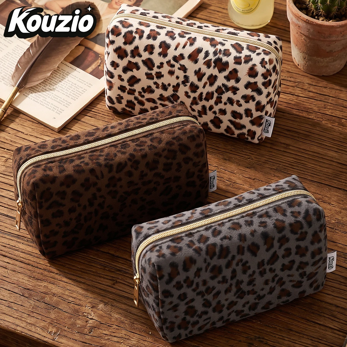 Leopard Print Suede Square Pouch, Cute Multi-use Organizer for Stationery & Makeup - KOUZIO