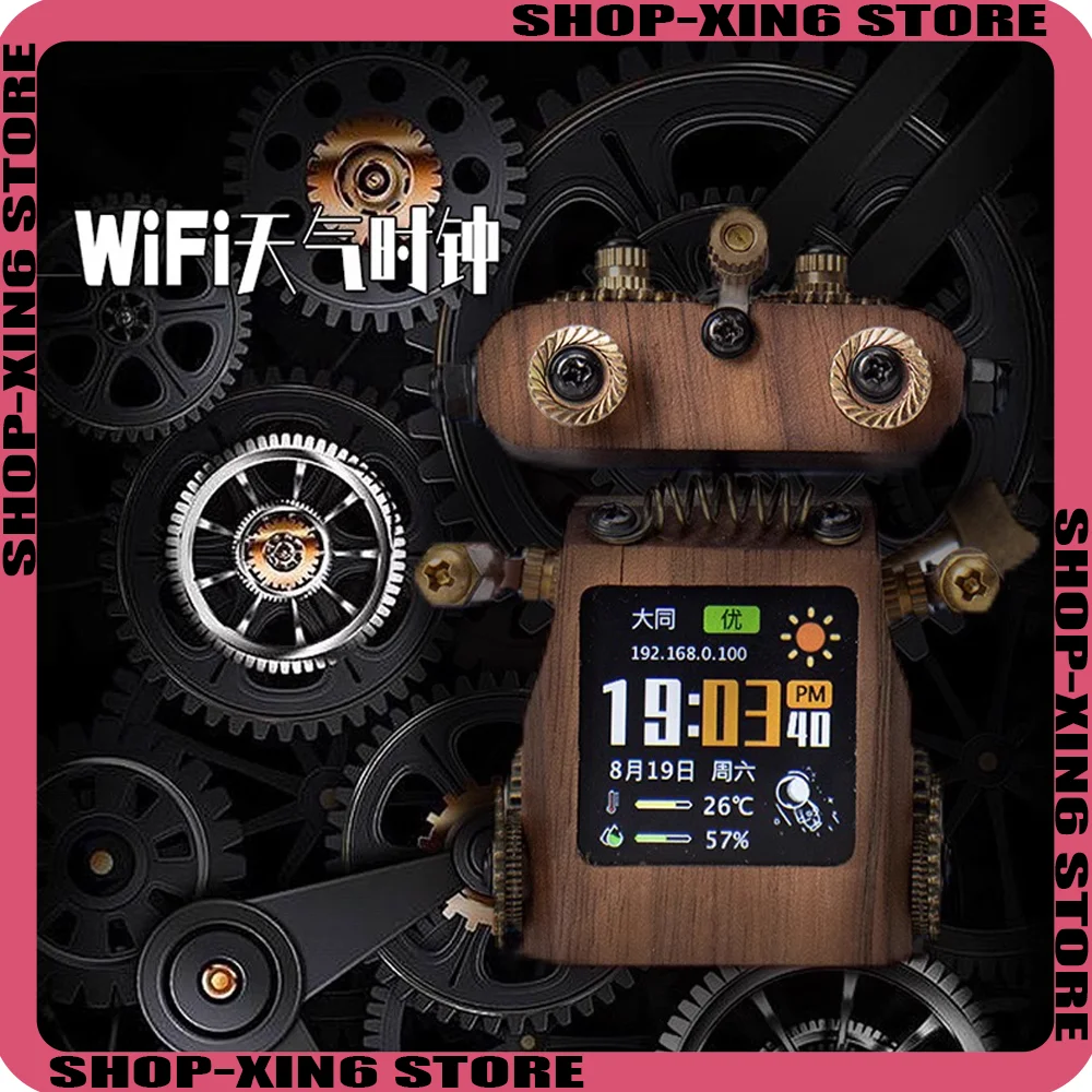 

Intelligent Weather Forecast Clock Ornament Punk Robot Technology Table with Color Screen Electronic Stock Album Wooden Gift