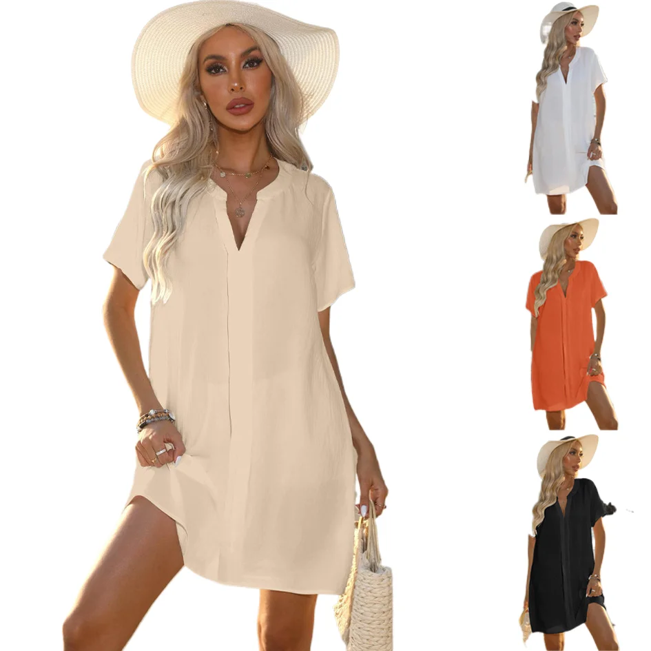

Women's Summer Casual V-neck Solid Color Short Sleeved Shirt Dress Beach Skirt, Summer Dresses for Women 2024, Women's Dress