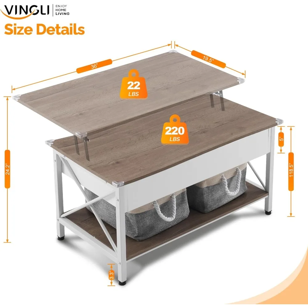 36 طاولة قهوة قابلة للرفع مع صندوق تخزين قماشي مجاني، وطاولة قهوة بإطار من خشب الجوز الأبيض في غرفة المعيشة، طراز حديث صغير #3