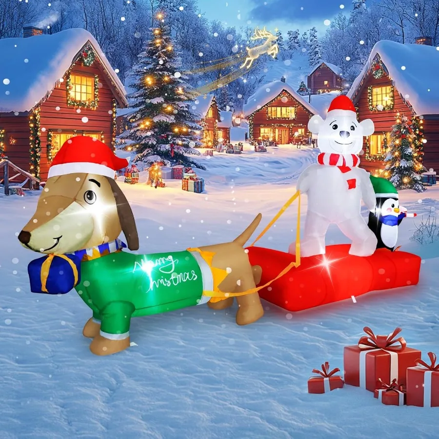 Pingüinos de oso Polar iluminados al aire libre inflable de Navidad de 8 pies que llevan decoración de trineo de perro con bastón de caramelo pingüino plegable para vacaciones