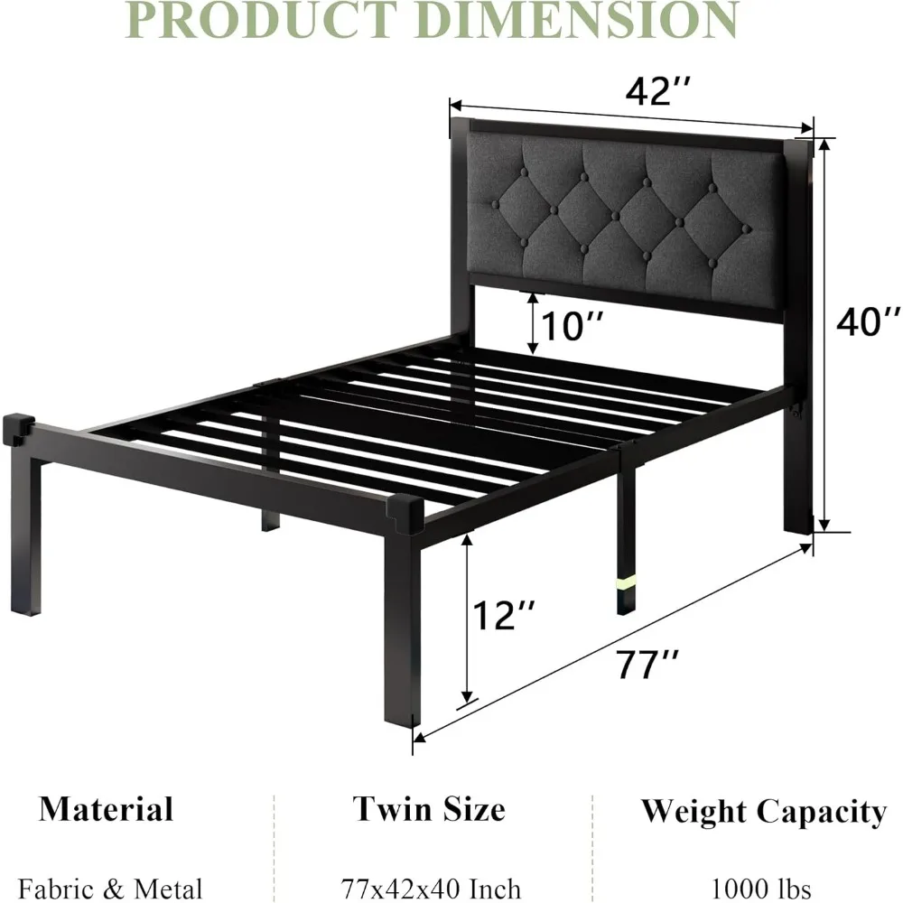 Twin Size Metal Bed Frame with Linen Upholstered Headboard, Heavy-Duty Platform Bed Frame with 12