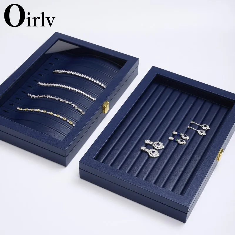 Oirlv Multifunction Premium Blue Leather Jewelry Tray Transparent Lid Earrings Rings Organizer Box Stackable Jewelry Box Drawer