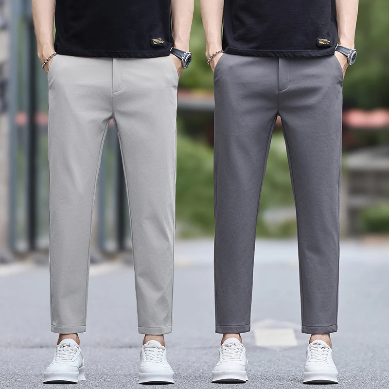 

Men's Clothes Thin Casual Pants Straight Ice Silk Stretch Spring Summer Ankle Length Pants Korean Business Leisure Trousers