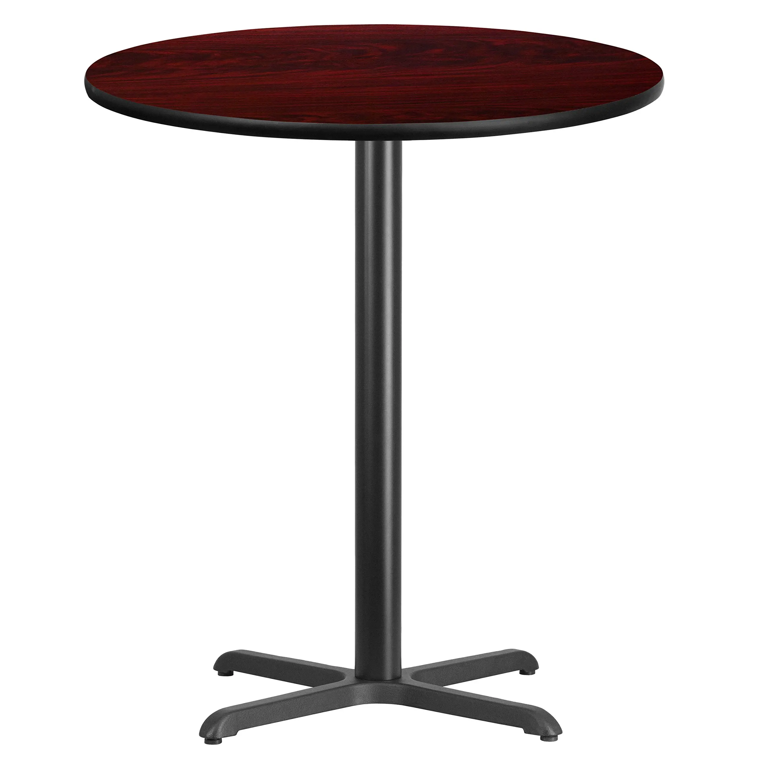 

36 Inch Round Mahogany Laminate Bar Height Table With Black Metal Base