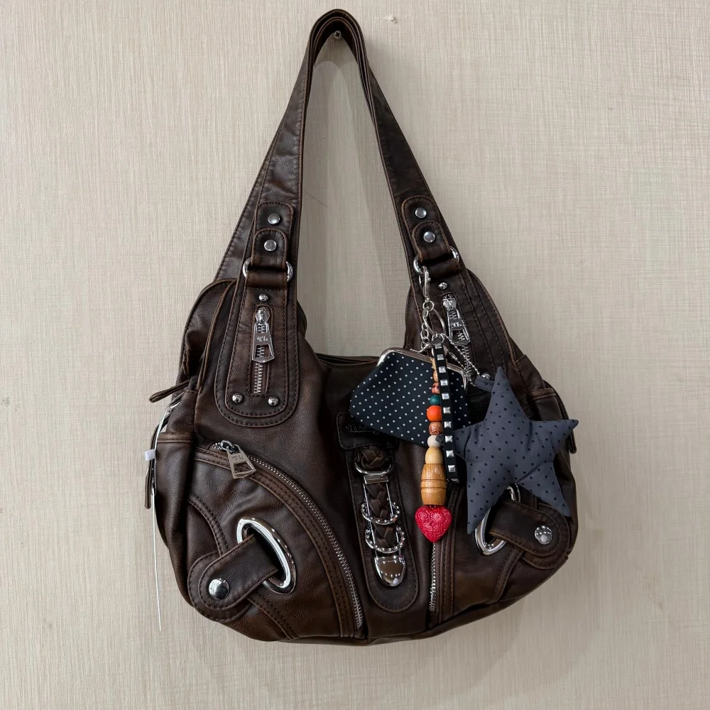 Original Western style motorcycle Storage Bagsniche design Y2K spicy girl shoulder crossbody bag retro commuting armpit bag