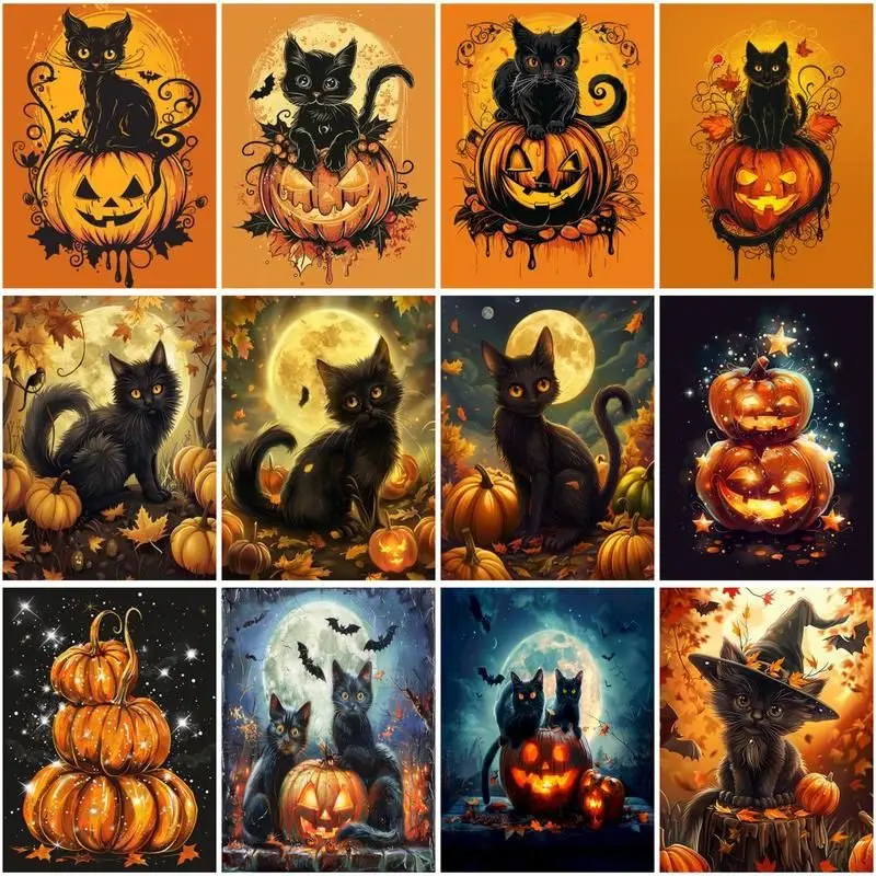 

CHENISTORY Painting By Numbers Pumpkin Black Cat DIY Picture Paint By Number Home Decor Drawing On Canvas HandPainted Art Gift