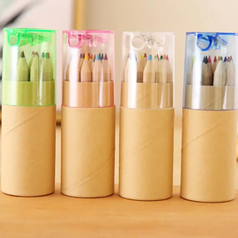 Wooden Colored Pencil With Pencil Sharpener Portable Barrel Drawing Printing Colored Lead Stationery For Office 12 Color/set
