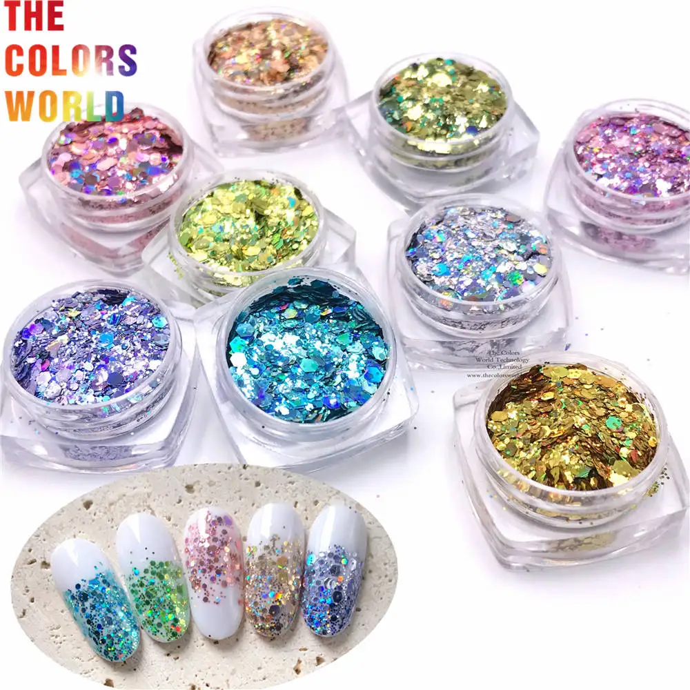 TCT-347 Holographic Solvent Resistant Chunky Mix Hexagon Nails Glitter Nail Art Decoration Body Art Makeup Tumbler Crafts DIY