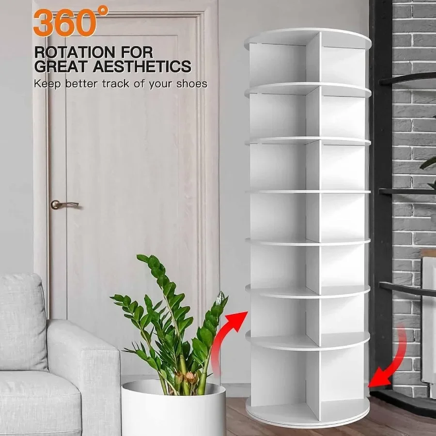 Entryway closet storage organizer: white rotating 7-tier shoe rack tower with 360 spin, made of durable plastic, space-saving a view 2