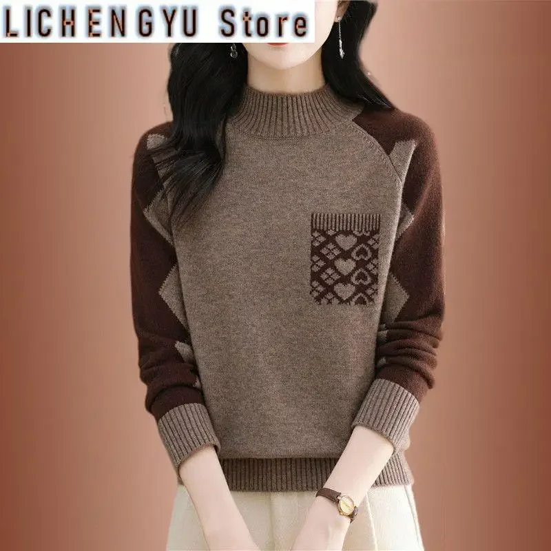 الملابس النسائية بلوفر ملون متباين كم طويل سترة محبوكة جيوب عادية موضة الخريف الشتاء نصف الياقة العالية القمم