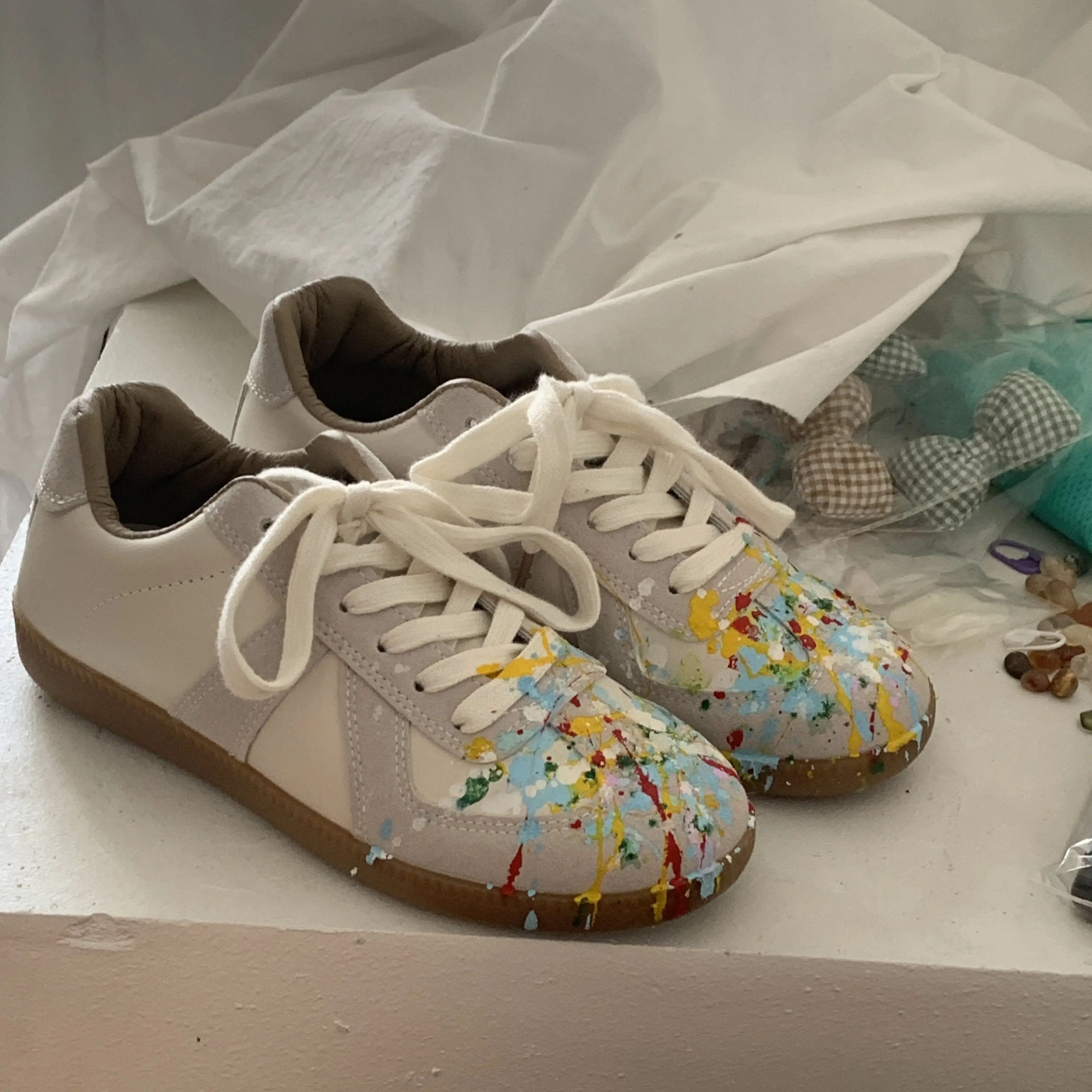 

Splash Ink Retro Little White Shoes Student Korean Version Versatile Flat Bottom Casual Retro Sports Ins Wind Board Shoes Women