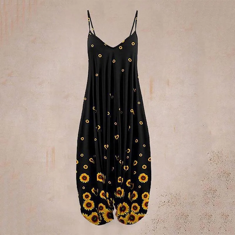 New Women's Loose Casual Sleeveless Sling Printed Straight Harem Jumpsuit