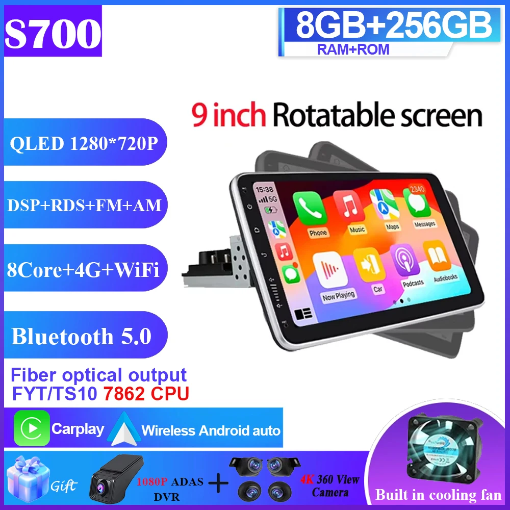 7/9/10 inch autoradio universeel enkel 1 Din 360 °   Draaibare autoradio multimediaspeler GPS Navi Automotive Stereo Carplay BT 4G