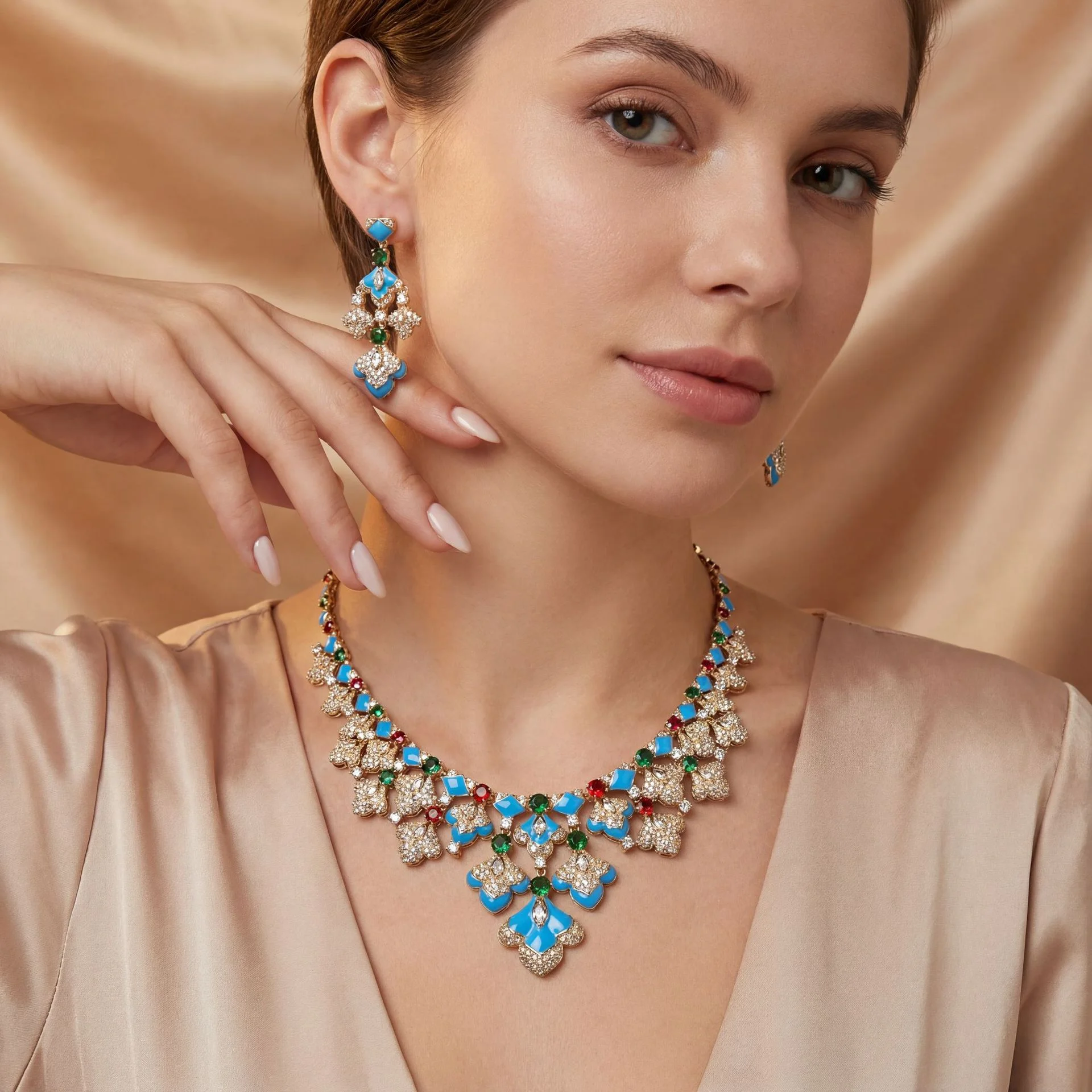 

New Arrival Maple Leaf Rhinestone Inlaid Enamel Necklace Earrings Elegant Banquet Dress Jewelry Set Wholesale