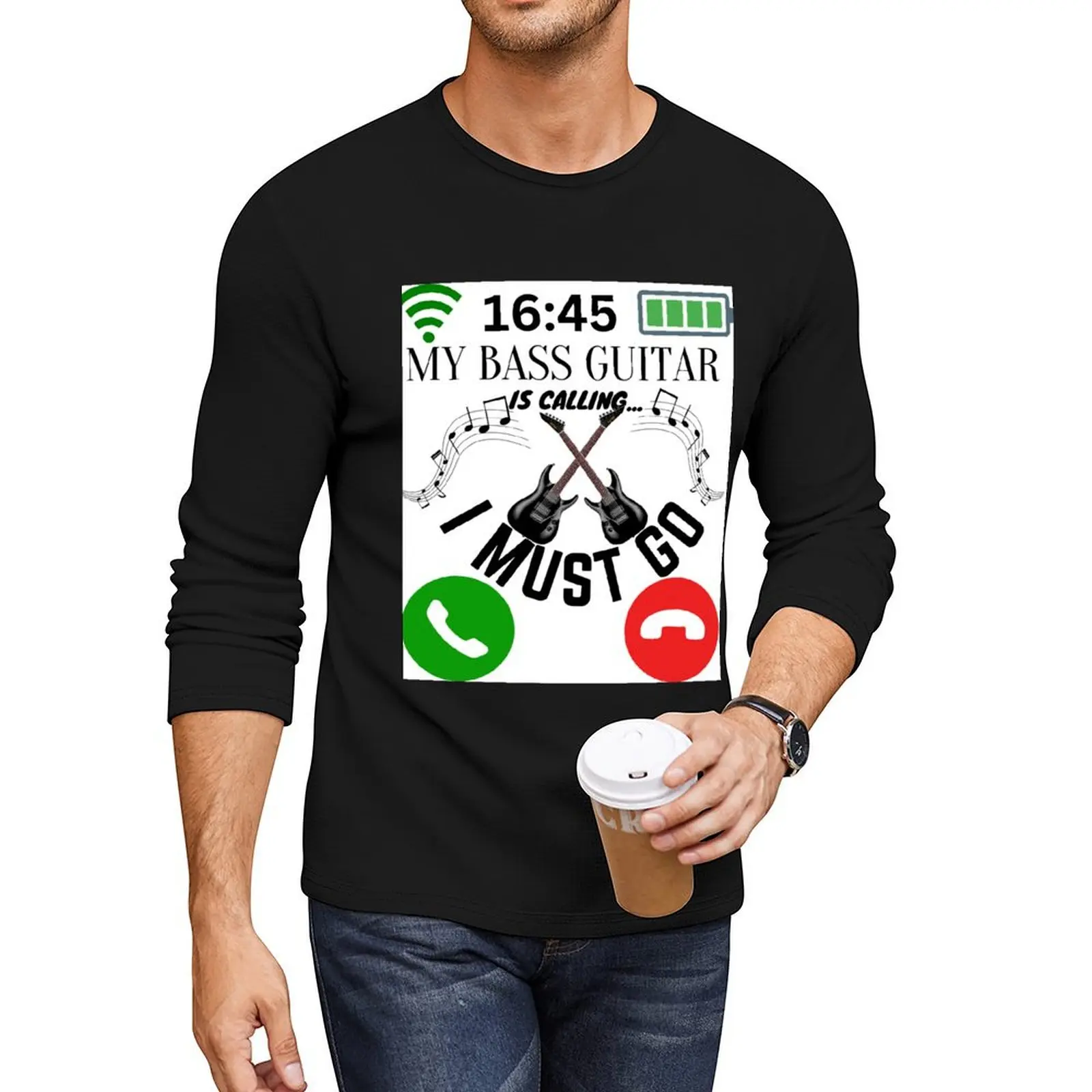 

My Bass Guitar Is Calling And I Must Go Funny Phone Screen Long T-Shirt hippie clothes mens clothes