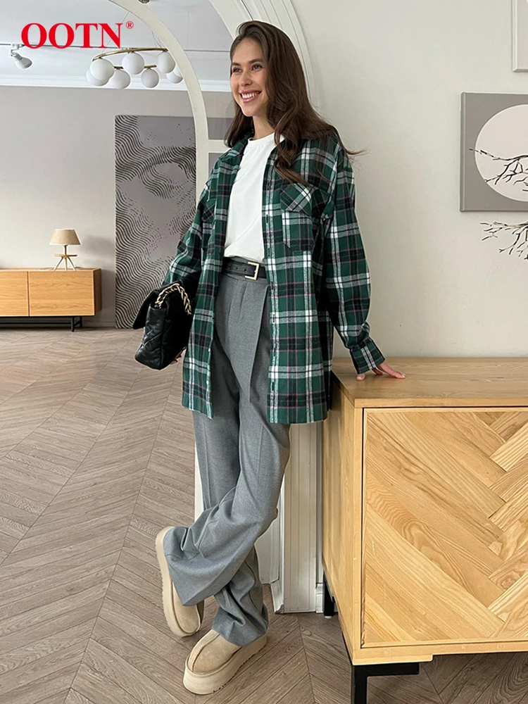 OOTN Elegant Plaid Green Shirts Blouses Women Fashion Long Sleeve Pockets Loose Shirts Coats Streetwear Long Sleeve Shirts 2024