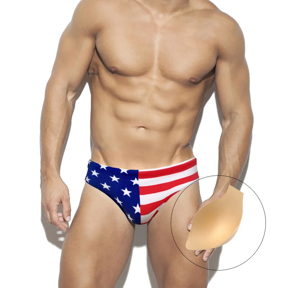 2026 Printed Men's Swimming Trunks Splicing Quick Drying Low Waist Sexy Swim Trunks Briefs Breathable Bathing Suit Beach Shorts
