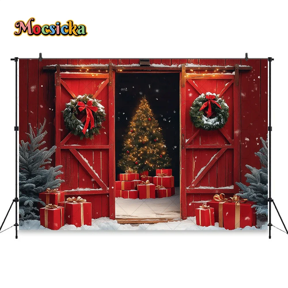 Red Xmas Barn Door Background Photography Wooden House Xmas Tree Gift Snowy Backdrop New Year Night Kid Family Photo Studio Prop