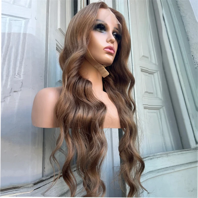 Body Wave Ash Blonde sorot renda sintetis Wig depan Wig berwarna coklat rambut tahan panas untuk penggunaan sehari-hari wanita telah ditanami