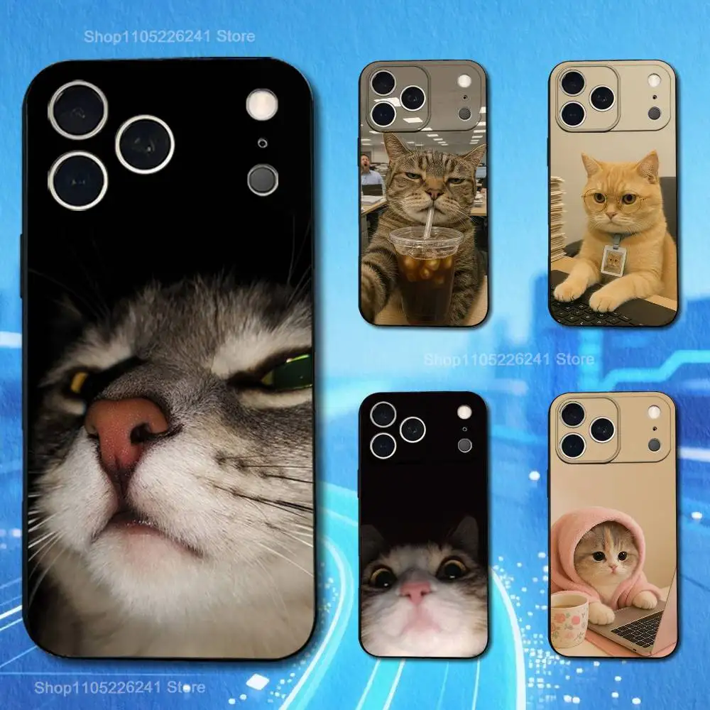 Emoji Art Tired Cat For iPhone 13,17,11,12,16,14,15,Plus,Pro Max,XS,X,XR,SE,Mini,8,7,Soft Silicone Black Phone Case