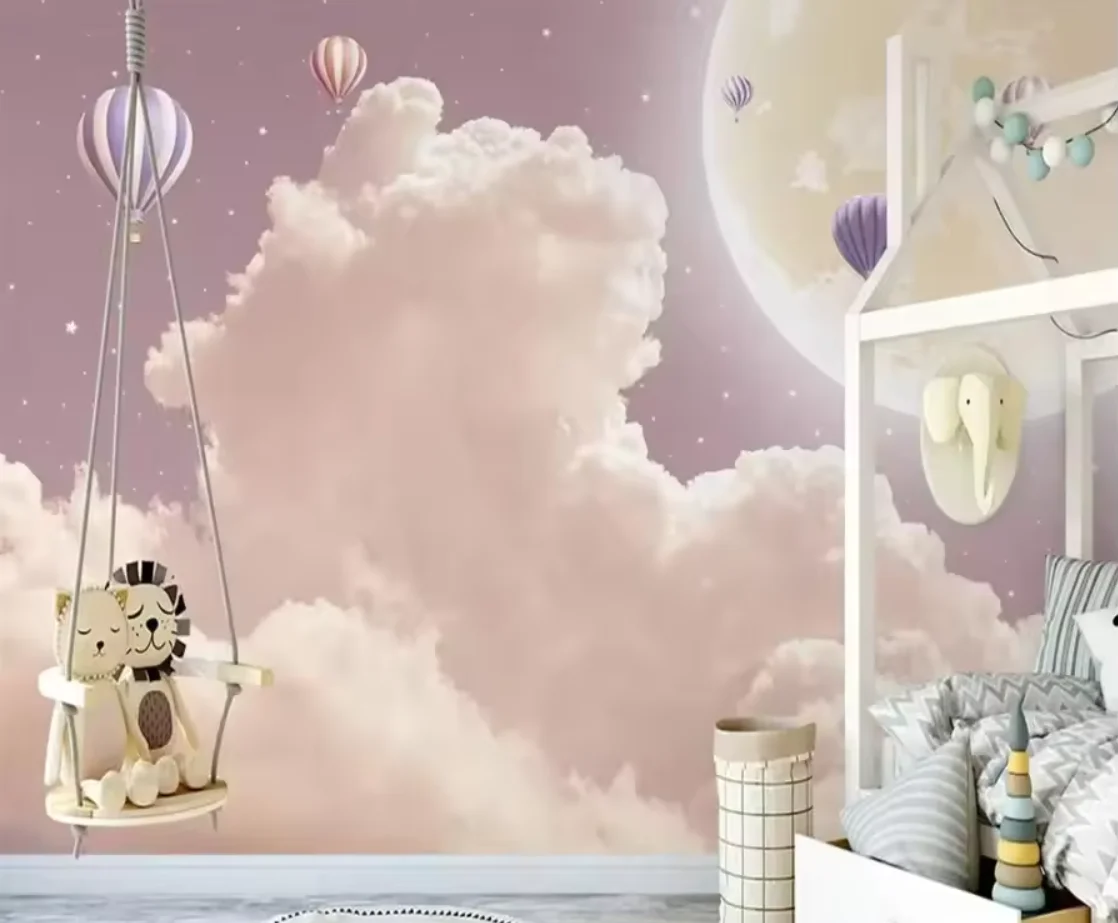 Custom wallpaper mural Nordic hand drawn dreamy clouds hot air balloons Starry Sky Rocket children's room background wallpaper