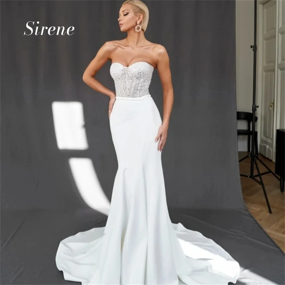 

Sirene Simple Mermaid Beach Sequins Wedding Dress Strapless Sweetheart Neck Sleeveless Bridal Gowns Robes De Mariée Custom Made