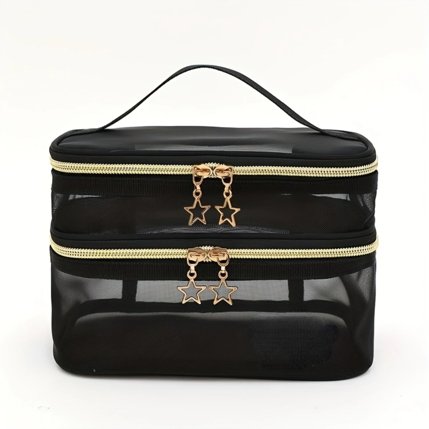 Saco cosmético de viagem de camada dupla, saco de escova de maquiagem, saco de higiene portátil com zíper com alça, saco de lavagem de acessórios de viagem