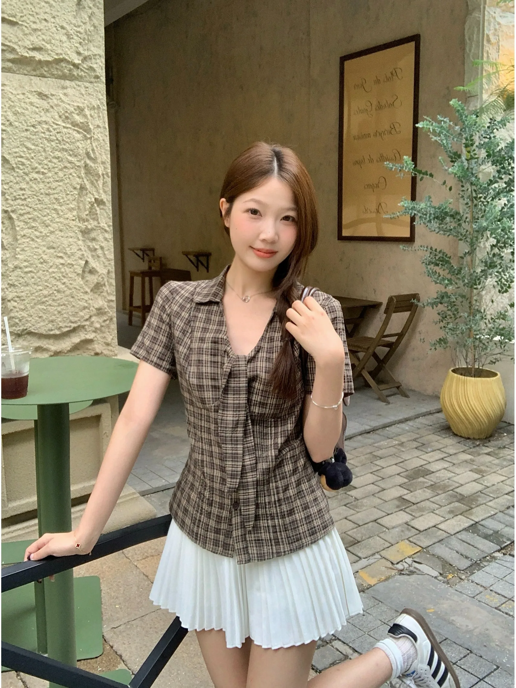 

plus Size Women's Korean Style V-Neck Plaid Short Sleeve Shirt Summer New Design Slimming Effectiveness Tie Waist Top
