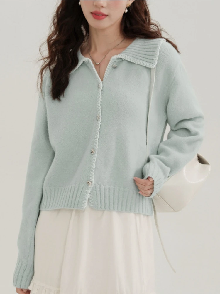 2024 Vintage Solid Knitted Cardigan Women Korean Style Peter Pan Collar Sweater Short Jacket Winter Warm Casual Knitted Coats