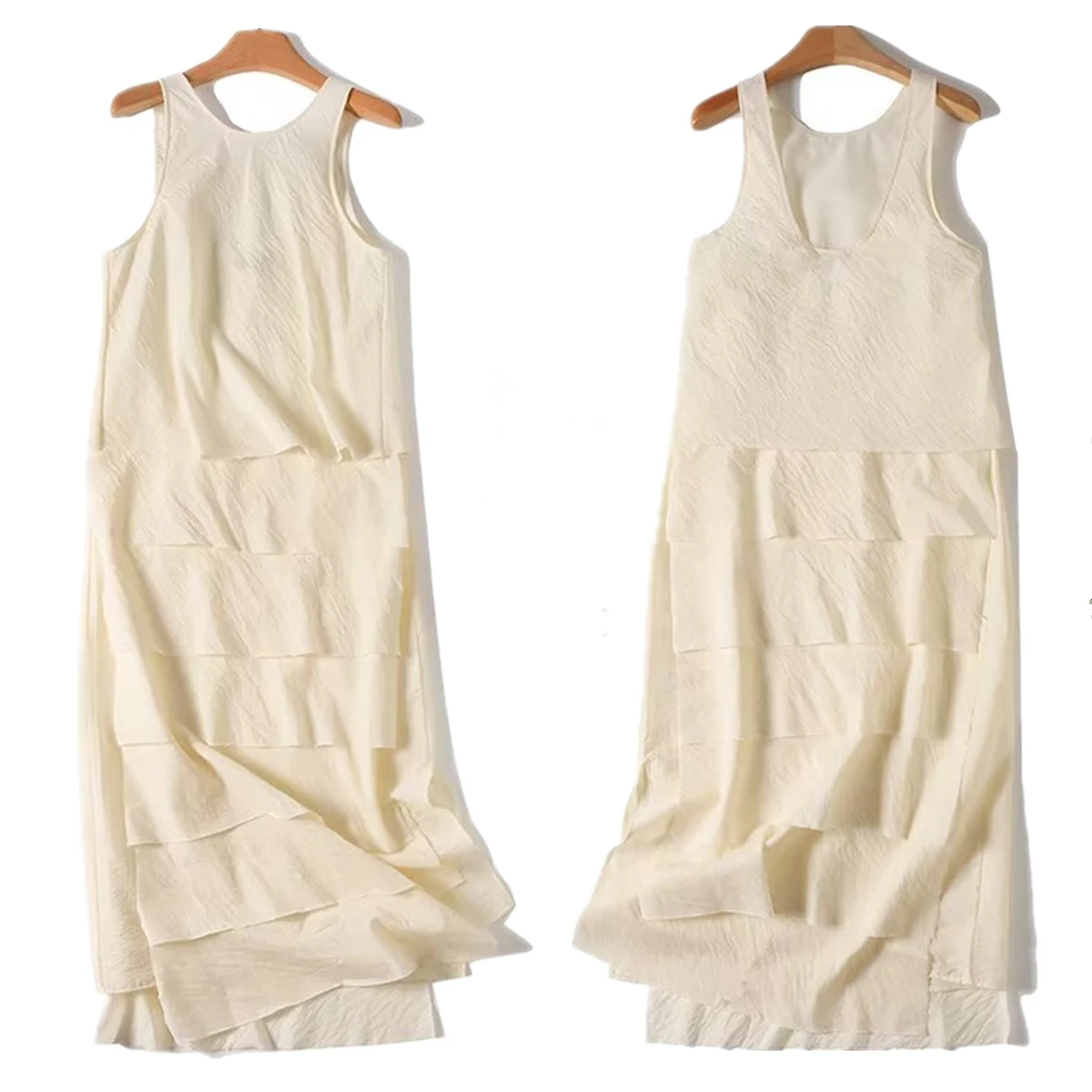 

Dave&Di Nordic Minimalist Off-white Sleeveless Tank Dress Women French Fashion Ladies Layered Cake Skirt Midi Dress female