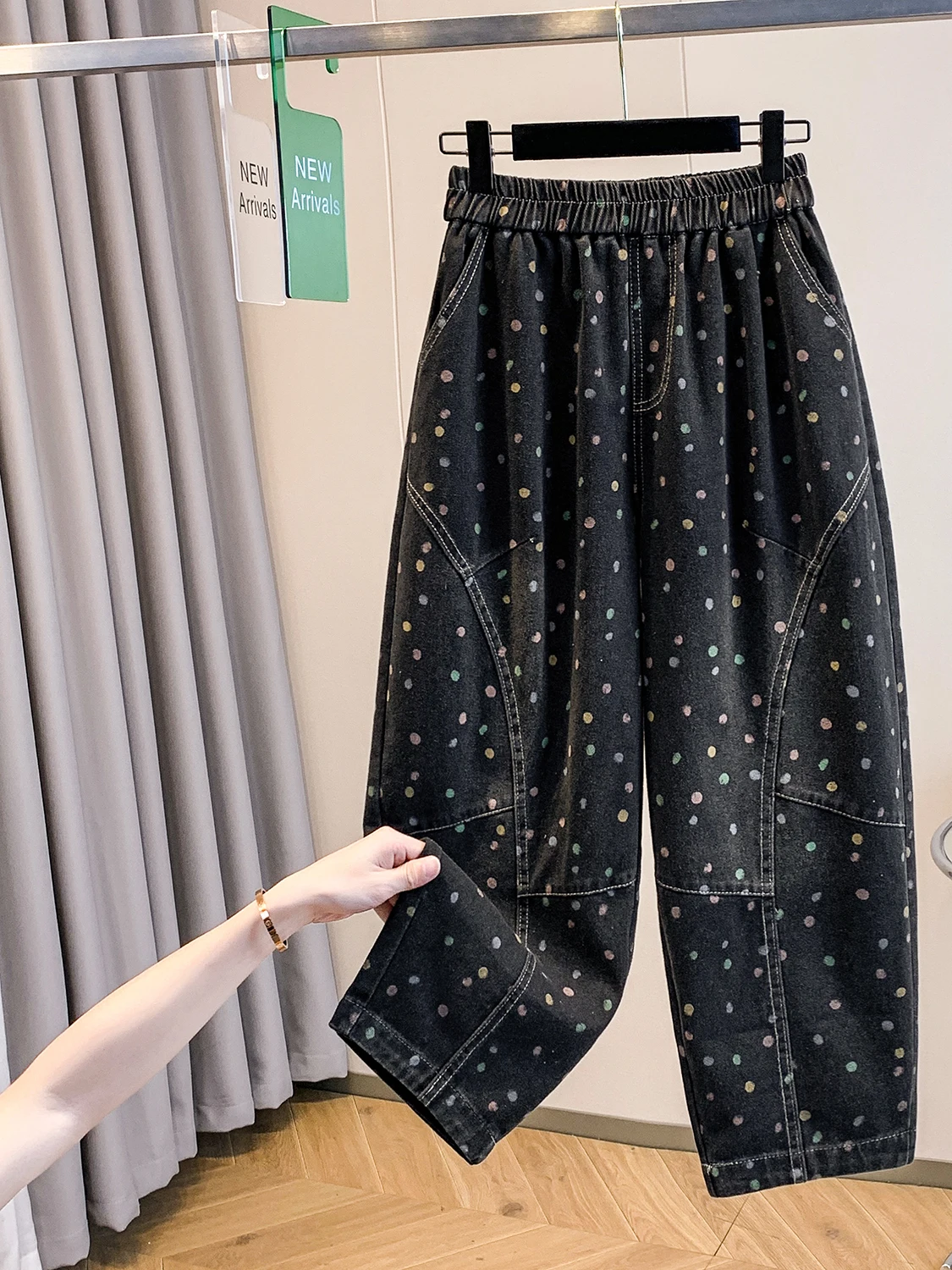 

Retro Faion Polka Dot Print Casual High Waist Wide Leg Jeans Loose Fit Slimming Harem Pants Spring Autumn Seasonal Wear