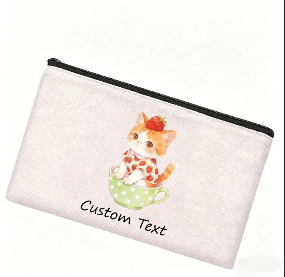 1PC Custom Text Cute Orange Kitten In Green Teacup Strawberry Outfit Cosmetic Bag Personalized Canvas Zipper Storage Pouch