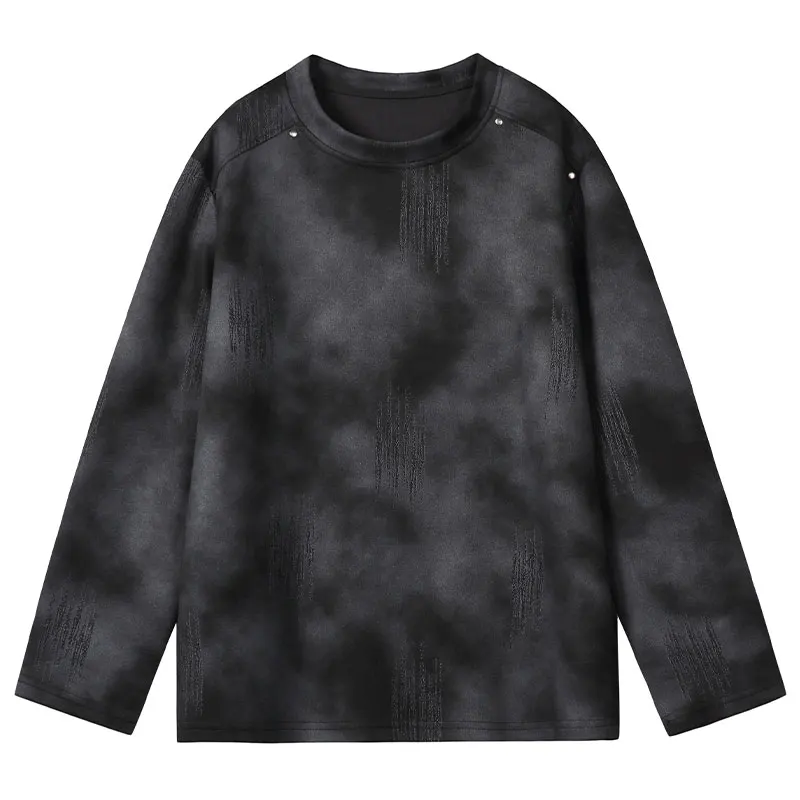 Tie Dye Long Sleeve TShirt Relaxed Fit Crew Neck Stylish Rivet Shoulder Accents Street Style Casual Pullover for Spring and Fall