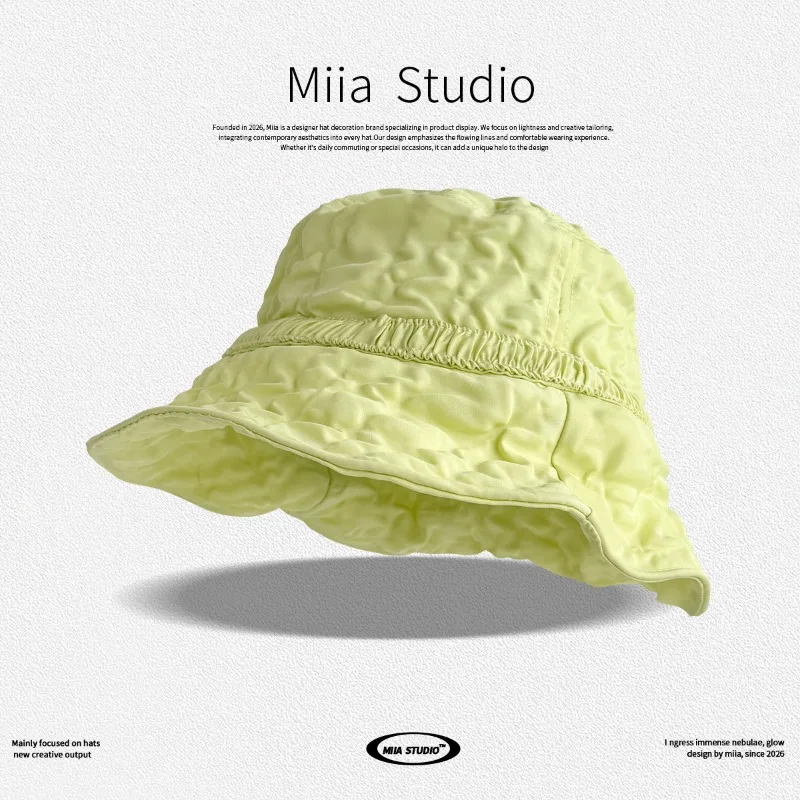 

Japanese Niche Pleated Texture Design Seersucker Bucket Hat Summer Vacation Shade Sunscreen Wide-brim Sun Caps for Women