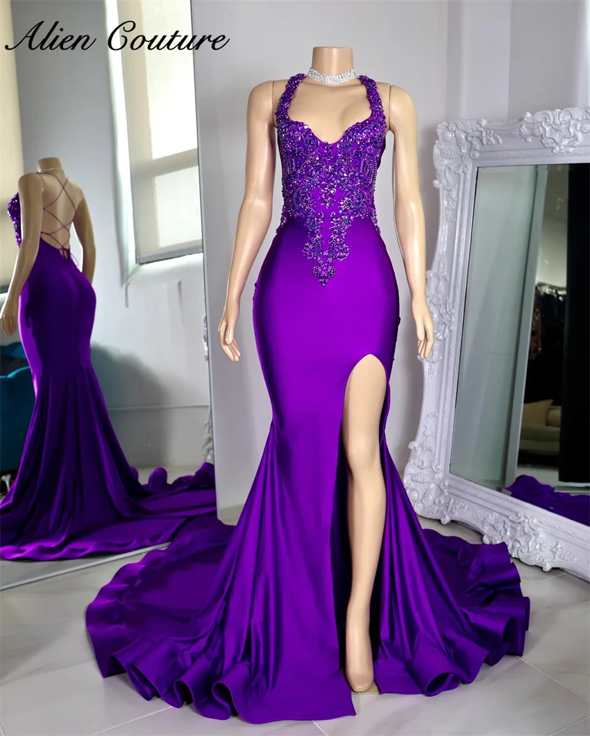 Vestido de fiesta de sirena púrpura de lujo para mujer, vestido de cumpleaños con diamantes de imitación de cristal, vestido de compromiso de boda personalizado, 2024