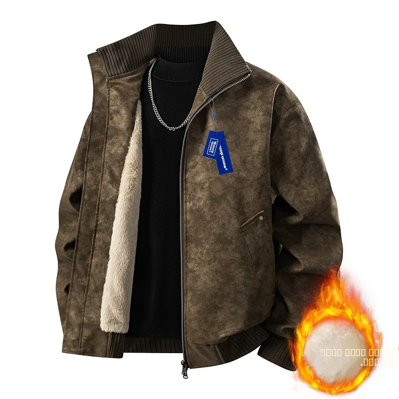 

Мужская замшевая куртка Wassup с утепленной флисовой подкладкой, воротником-стойкой, зимняя теплая кожаная куртка, повседневная, на молнии