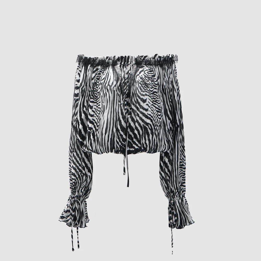 

Women's Off Shoulder Animal Print Blouse Long Sleeve Ruffle Cuff Sheer Chiffon Crop Top Sexy Party Streetwear Spring 2026 Y2K